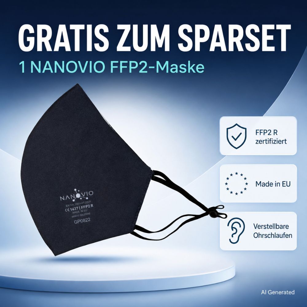 Schwarze FFP2 R-Maske mit verstellbaren Ohrschlaufen, CE 1463, Made in EU.