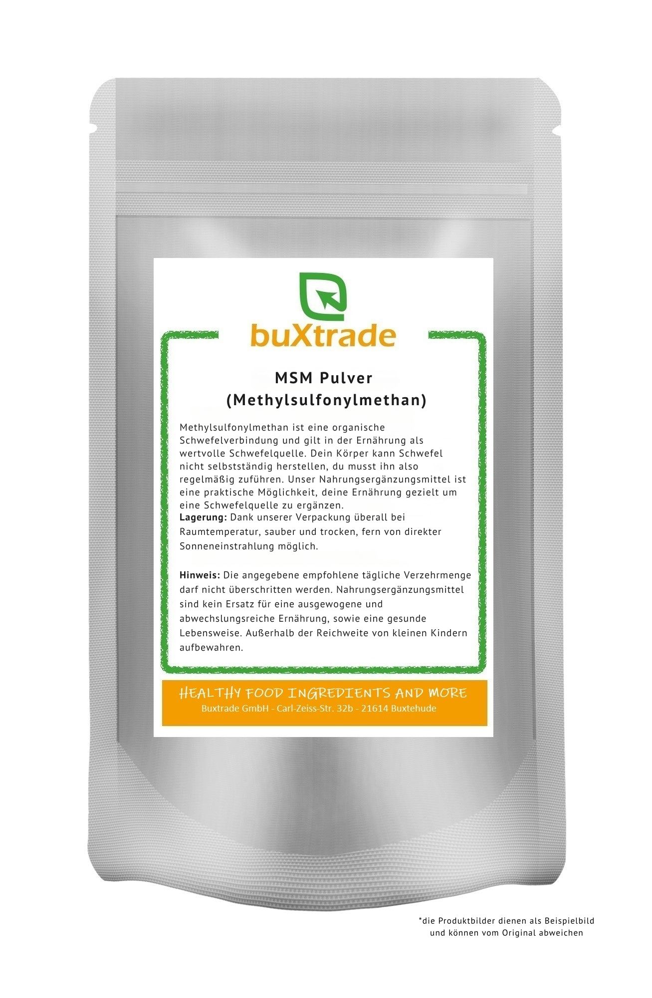 Buxtrade MSM Pulver (Methylsulfonylmethan) in einem Standbodenbeutel.