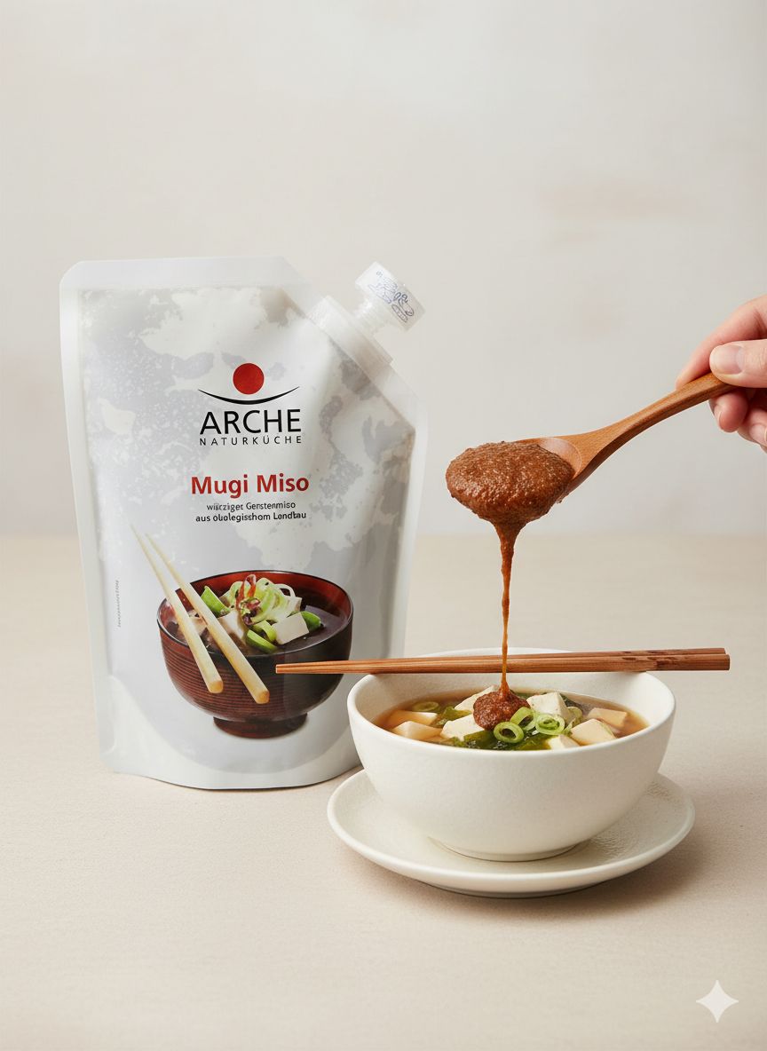 Arche Mugi Miso in einem Standbeutel, daneben eine Schüssel Miso-Suppe mit Stäbchen.