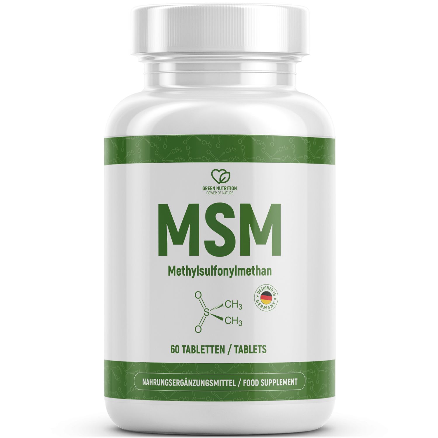 Weiße Flasche mit grünem Etikett. Aufschrift MSM, Methylsulfonylmethan, 60 Tabletten. Mit deutschem Qualitätssiegel.