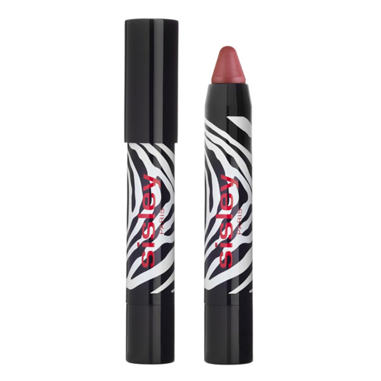 Lippenstift-Stift mit schwarzem Deckel. Zebra-Muster und roter Schriftzug Sisley Paris. Spitze in Rosé-Farbe.