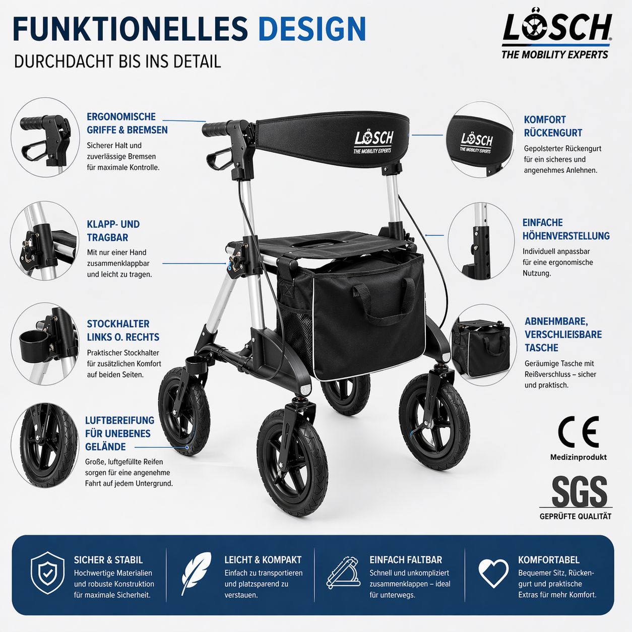 Rollator mit schwarzer Sitzfläche und Tasche. Marke LÖSCH. Vier Räder, CE-Kennzeichnung, SGS-Zertifizierung.