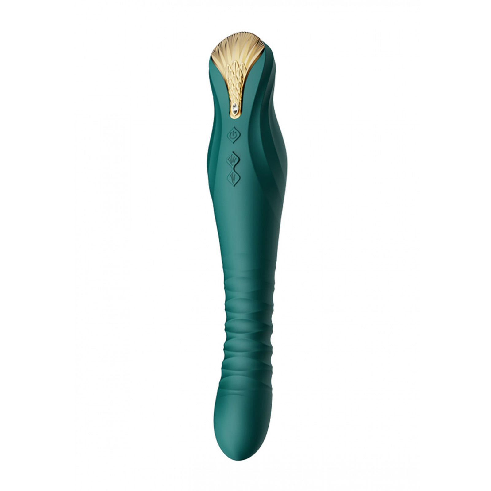 Türkisfarbener Vibrator mit goldfarbenem Kopf. Der Schaft ist geriffelt. Drei Knöpfe und ein Logo sind sichtbar.