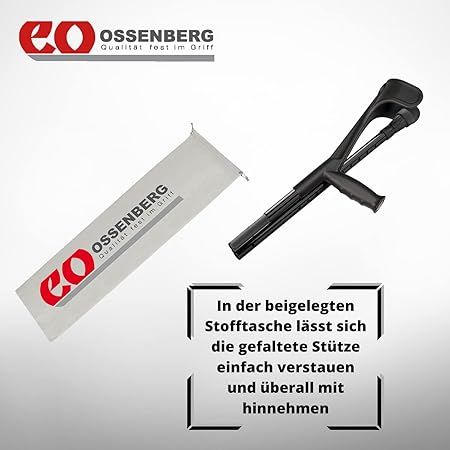 Gefaltete Gehstütze neben Stofftasche. Ossenberg Logo auf Tasche. Schwarzes Design.