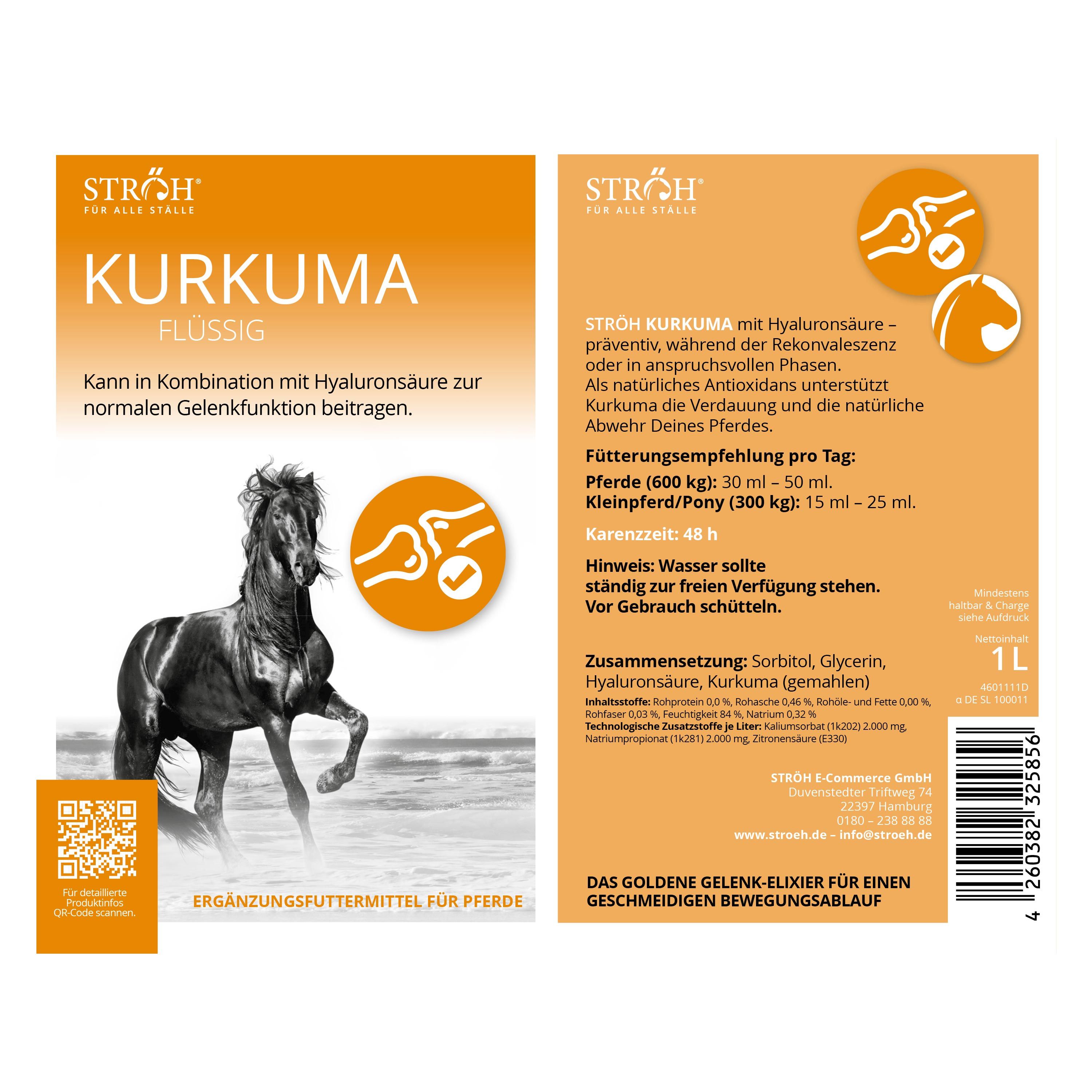 STRÖH Kurkuma Flüssig Flasche und Rücketikett mit Fütterungsempfehlung und Inhaltsstoffen.