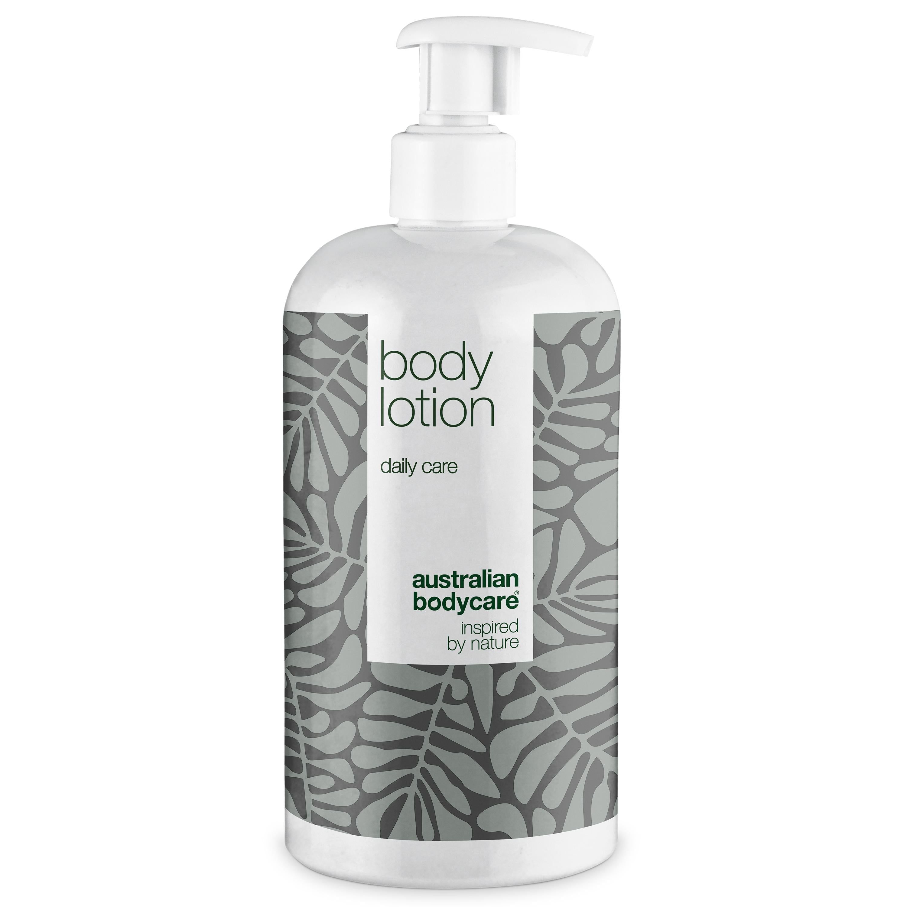 Flacone bianco con dosatore. Scritta: body lotion, daily care. Logo: Australian Bodycare.