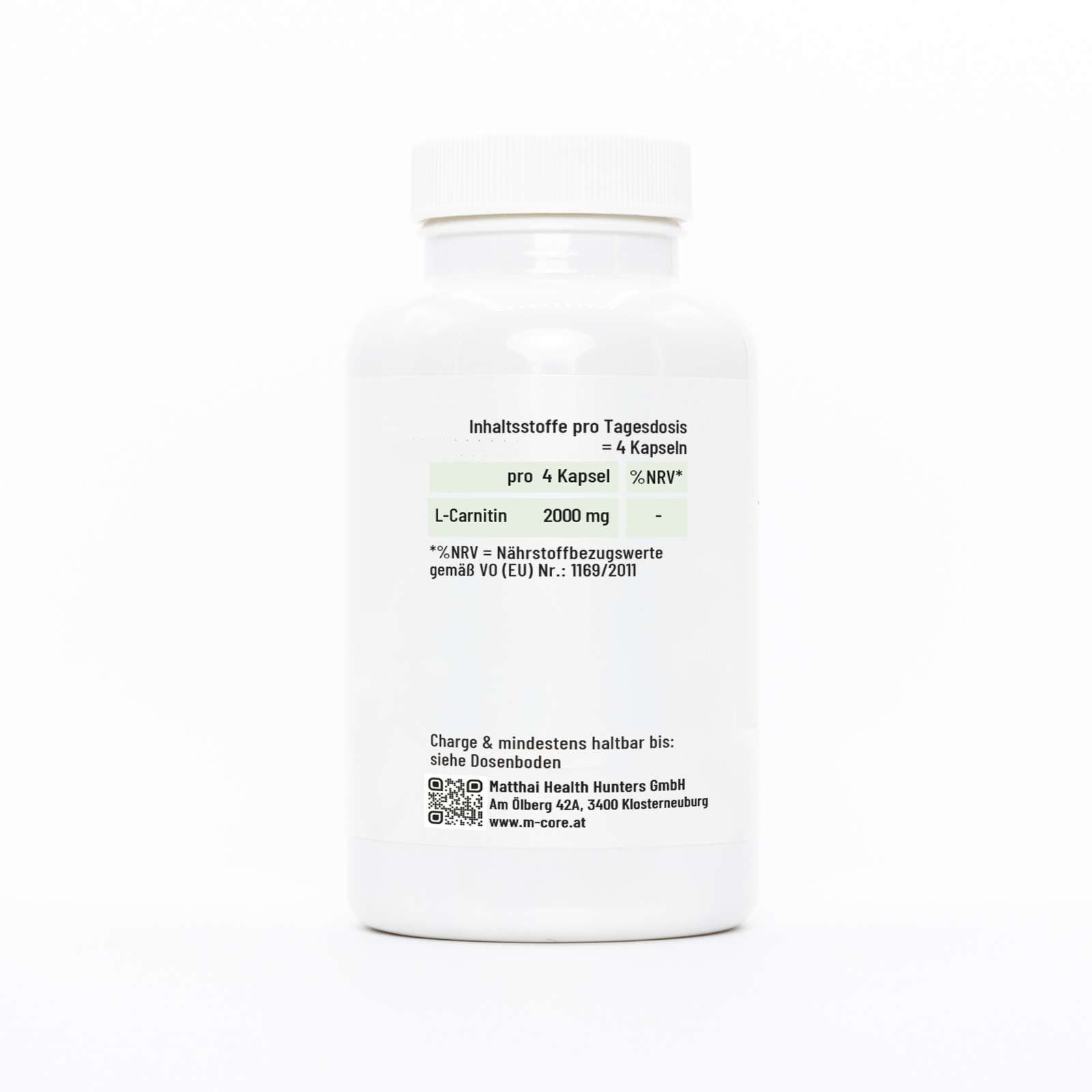 Rückseite der weißen Flasche. Text: Inhaltsstoffe pro Tagesdosis: 4 Kapseln. L-Carnitin 2000 mg. Charge & Mindesthaltbarkeit: siehe Dosenboden.