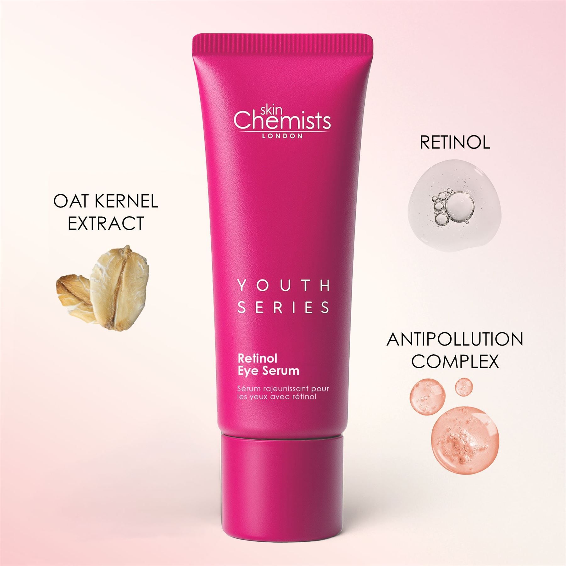 SkinChemists Retinol Eye Serum tube with ingredient callouts.