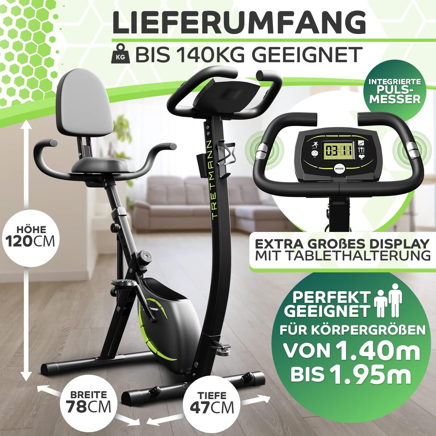 Heimtrainer mit Display und Tablet-Halterung. Text: "Tretmann", Maße: Höhe 120cm, Breite 78cm, Tiefe 47cm.