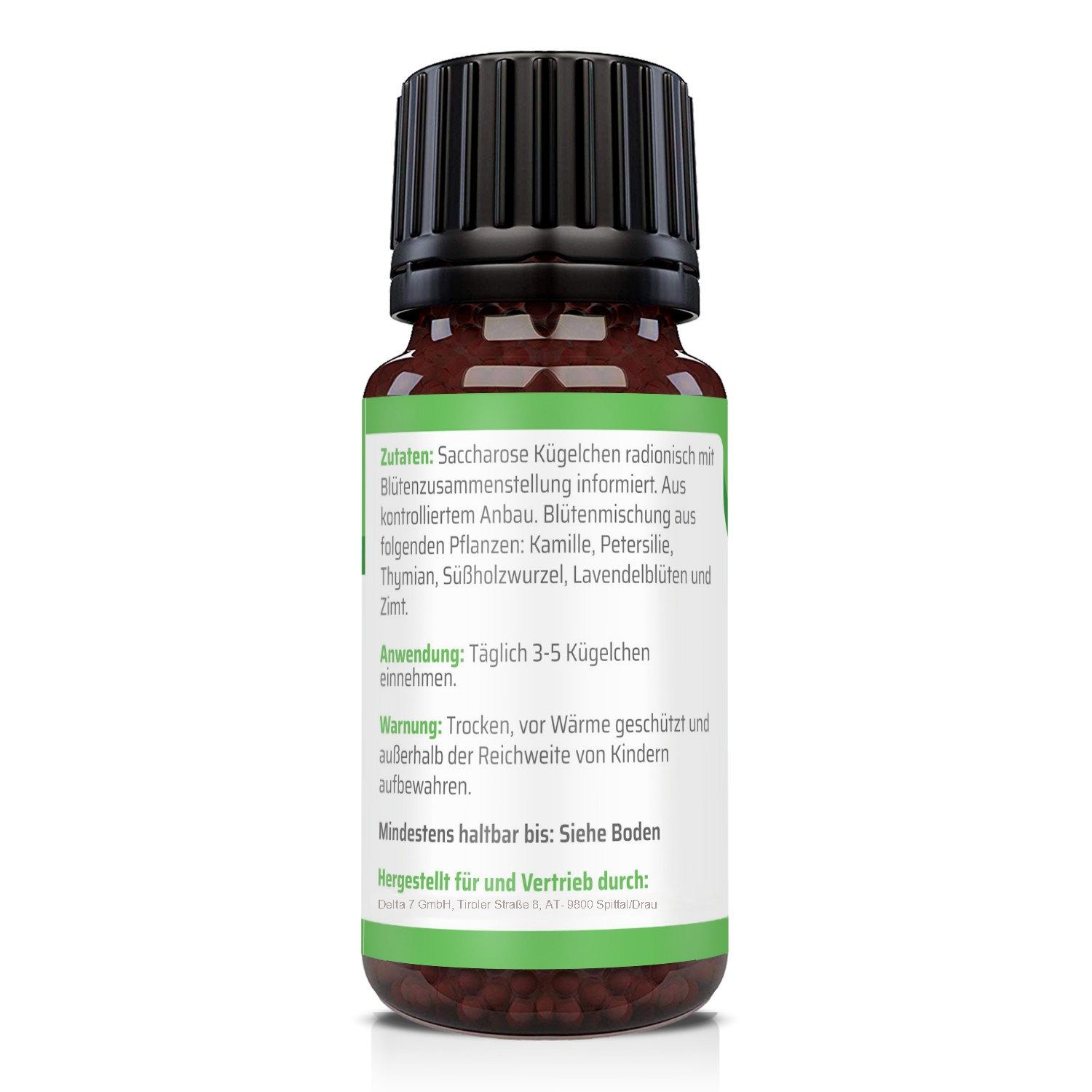 Rückseite der Flasche. Etikett mit Zutaten, Anwendungshinweisen und Warnhinweisen. Mindesthaltbarkeit: Siehe Boden.