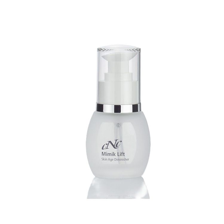 Kleine, ovale Flasche mit Pumpkopf. Aufschrift: cNc Mimik Lift Skin Age Diminisher.