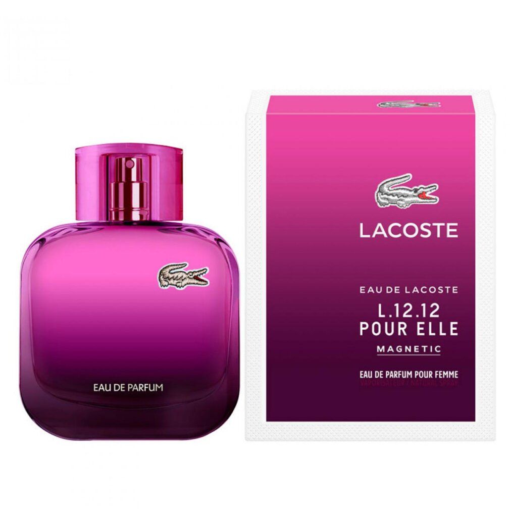 Lacoste L.12.12 Pour Elle Magnetic Edp Spray. Flakon und Verpackung. Rosa Farbverlauf, Krokodil-Logo.