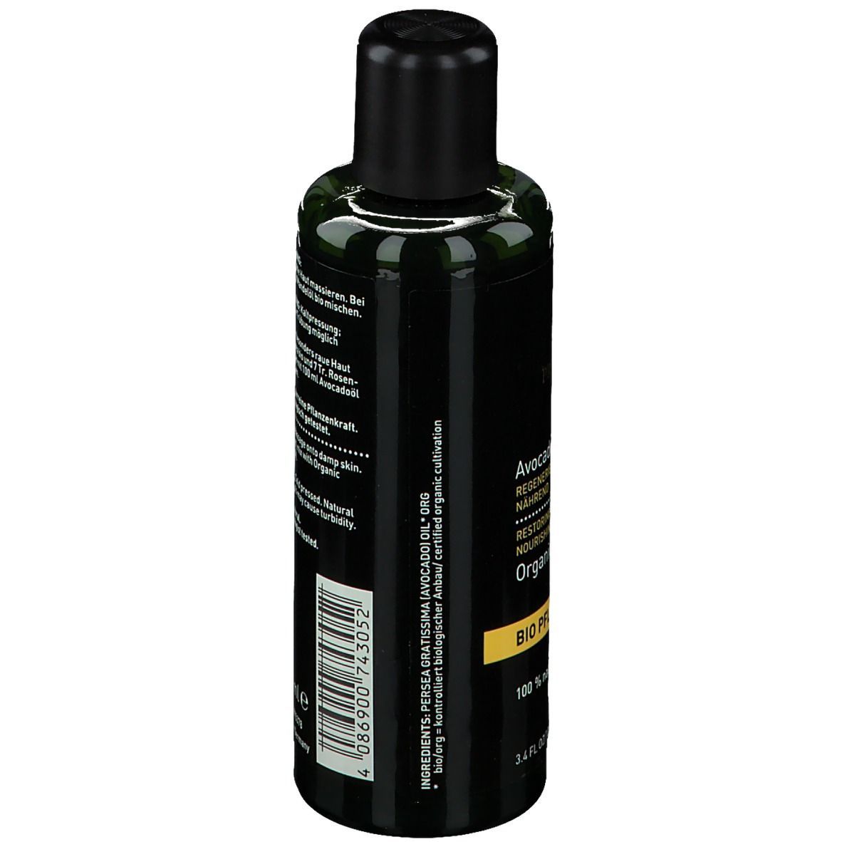 Rückseite der PRIMAVERA® Avocadoöl BIO Flasche. Text, Inhaltsstoffe, 100 ml. Made in Germany.