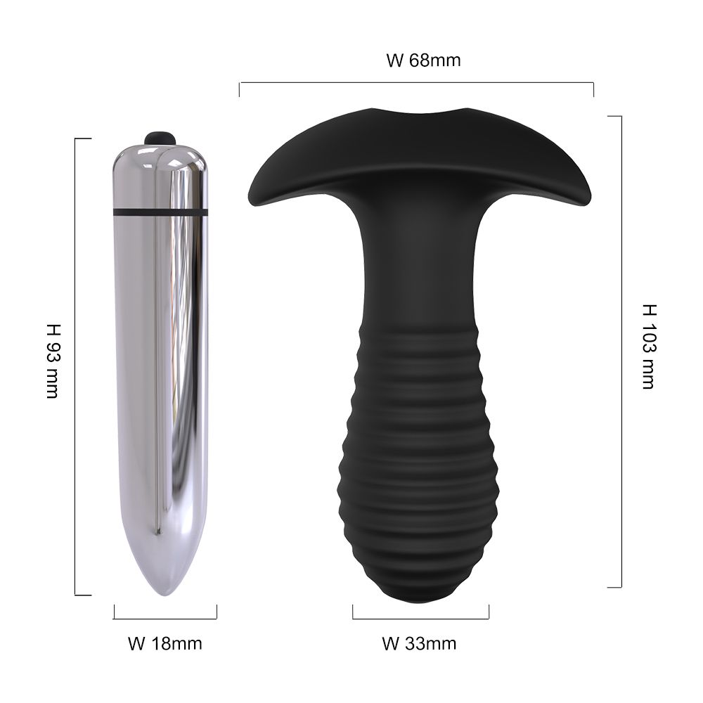 Zwei Vibratoren: ein silberner Bullet-Vibrator und ein schwarzer Analvibrator. Maße sind angegeben.