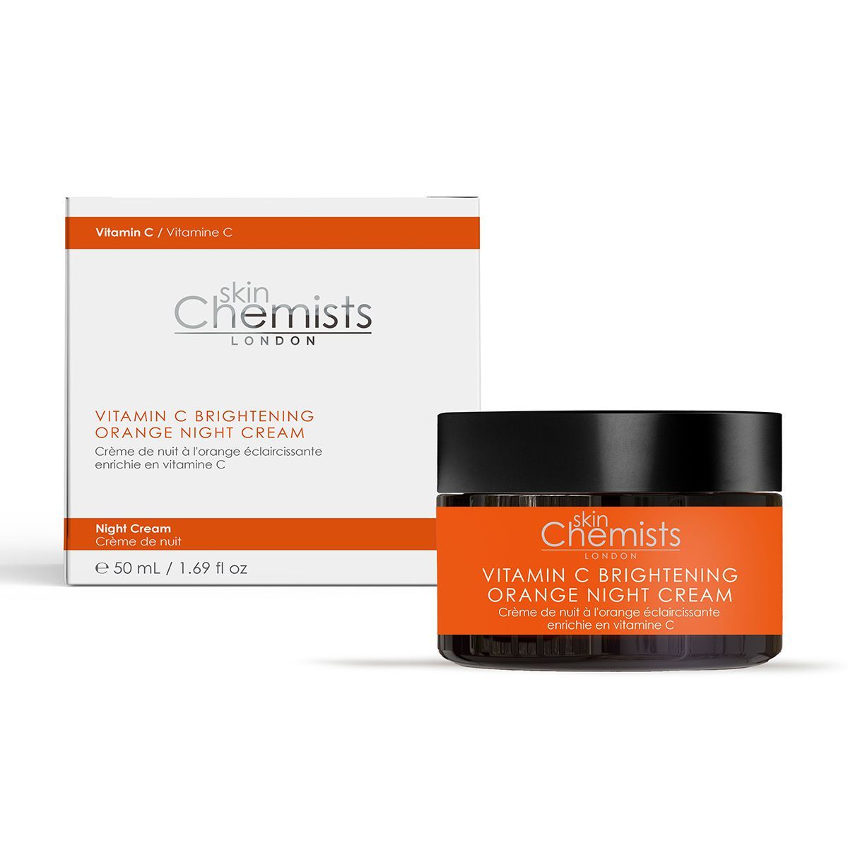 Produkt und Verpackung. Dose mit orangefarbenem Etikett, daneben Schachtel mit Aufschrift: skinChemists, Vitamin C Brightening.