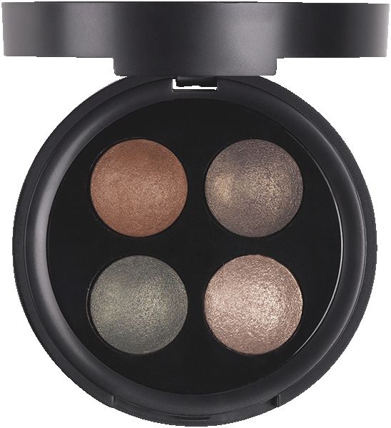 Geöffnete, runde Lidschatten-Palette. Schwarzes Gehäuse mit vier runden Farbtönen. Farben: Braun, Grün, Gold.