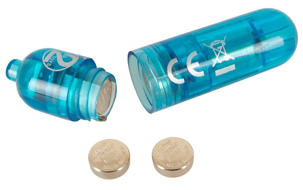 Blaues Vibrationsmodul geöffnet, zeigt Batterien. Logo und CE-Kennzeichnung sichtbar.