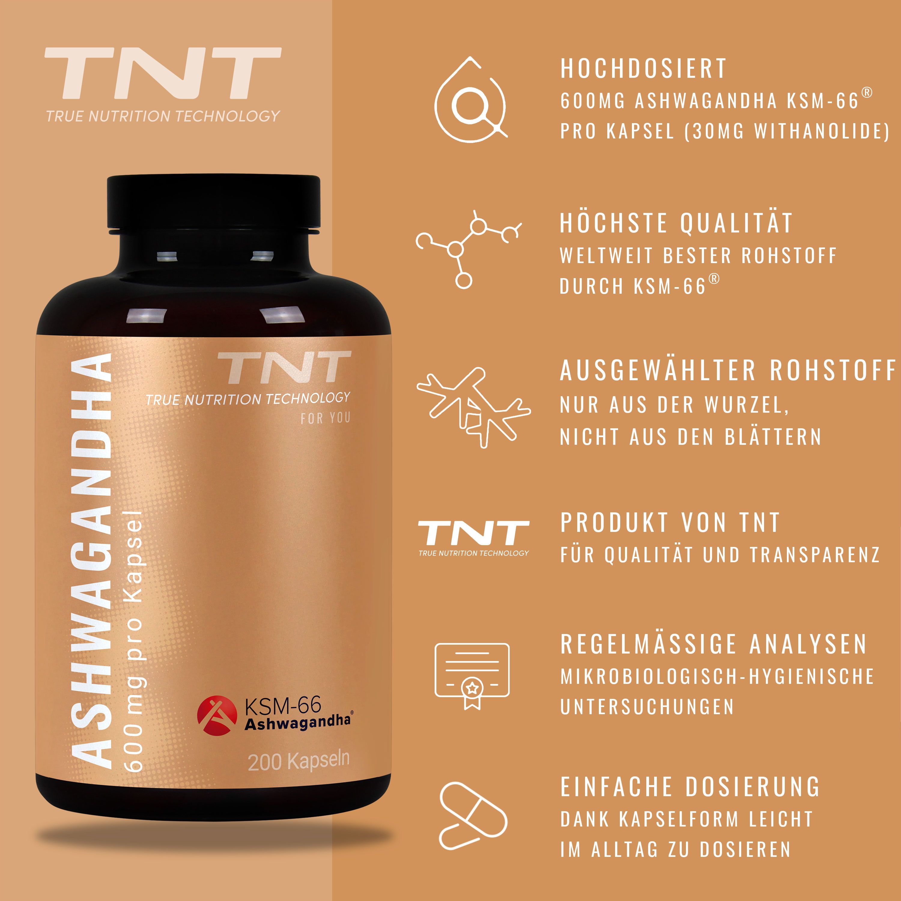 Braune Flasche mit TNT Ashwagandha KSM-66® Kapseln. Aufschrift: 600 mg pro Kapsel, 200 Kapseln. Logos und Textinformationen.