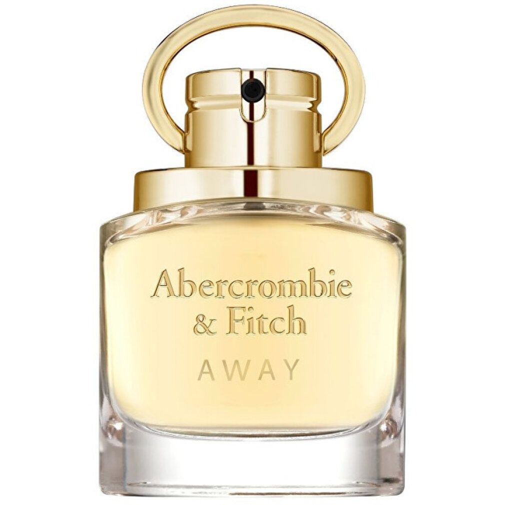 Parfümflakon mit goldfarbenem Verschluss und Schriftzug "Abercrombie & Fitch AWAY". Klarer Glasflakon mit gelblicher Flüssigkeit.