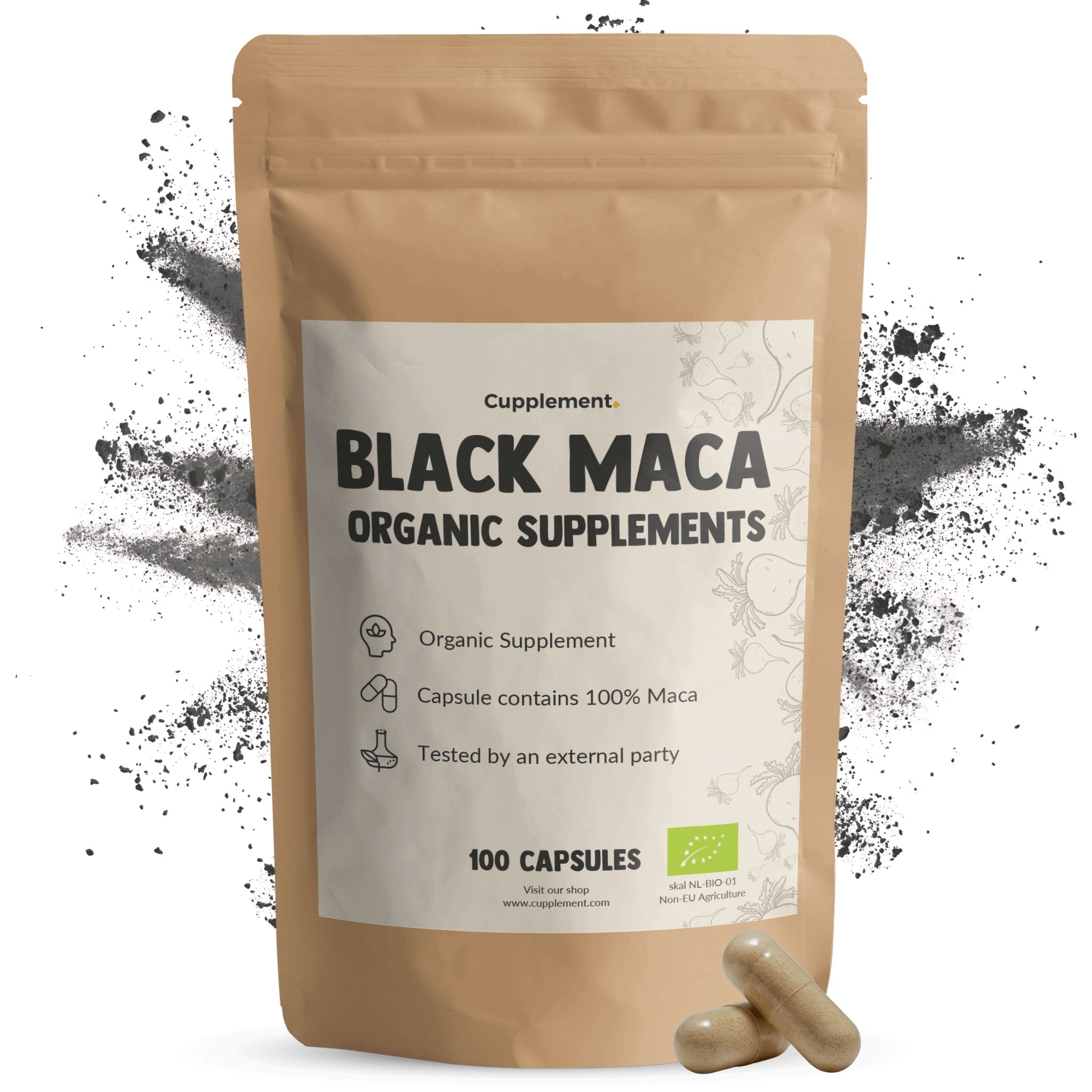 Beutel mit Kapseln. Aufschrift: Black Maca Organic Supplements. 100 Kapseln. Zwei Kapseln liegen daneben. Schwarzes Pulver im Hintergrund.