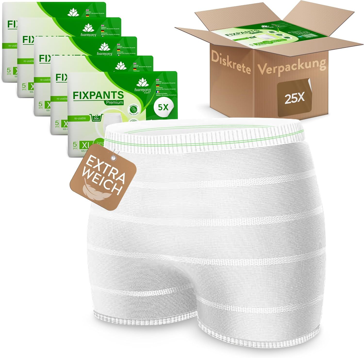 Harmony Care Fixpants Premium: 1 Fixpants, 5 Packungen, 1 Karton mit 25 Stück.
