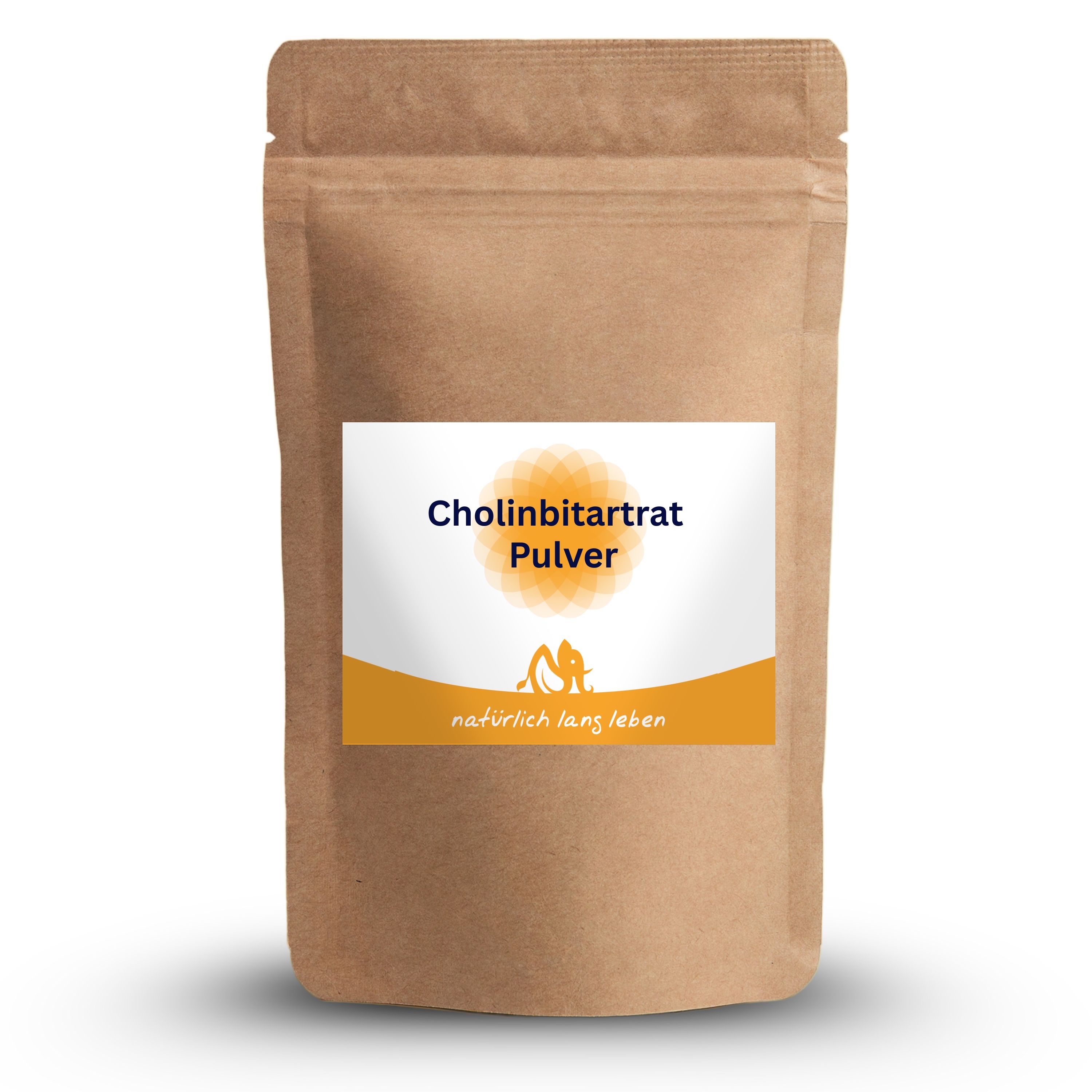 Braune Tüte mit Etikett. Aufschrift: Cholinbitartrat Pulver. Logo: natürlich lang leben.