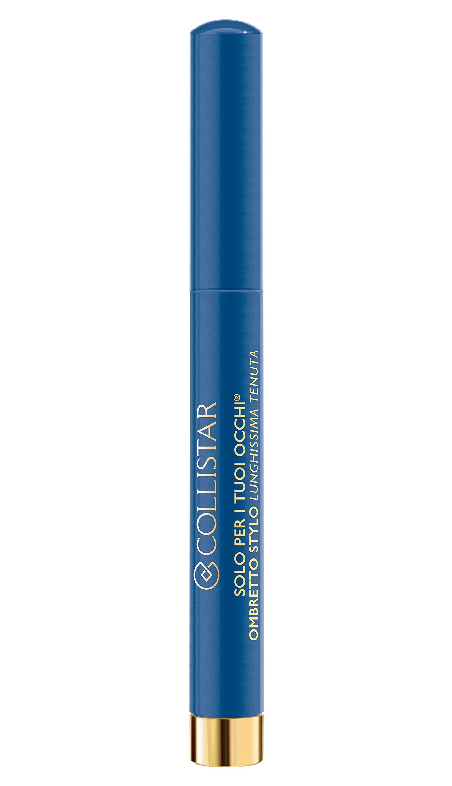 Blauer Lidschattenstift von Collistar. Stift mit goldfarbenem Boden. Aufschrift: SOLO PER I TUOI OCCHI® OMBRETTO STYLO LUNGHISSIMA TENUTA.