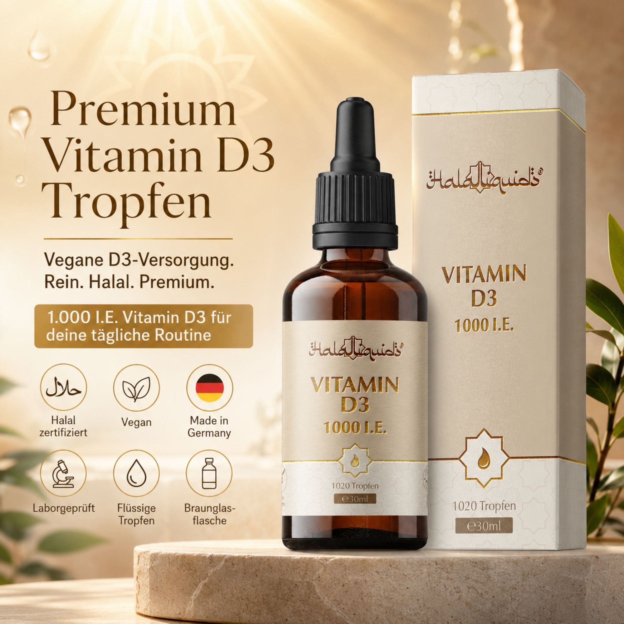 Flasche und Schachtel mit Vitamin D3 Tropfen 1000 I.E., vegan, halal, in Deutschland hergestellt.
