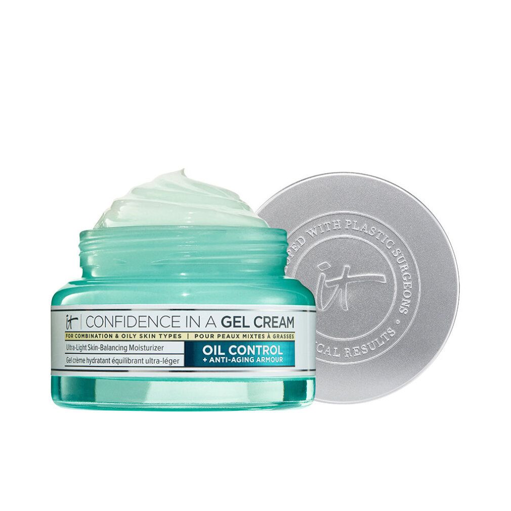 Tiegel mit Creme-Gel. Türkisfarbener Behälter mit silbernem Deckel. Aufschrift: Confidence in a Gel Cream. Öl Kontrolle.