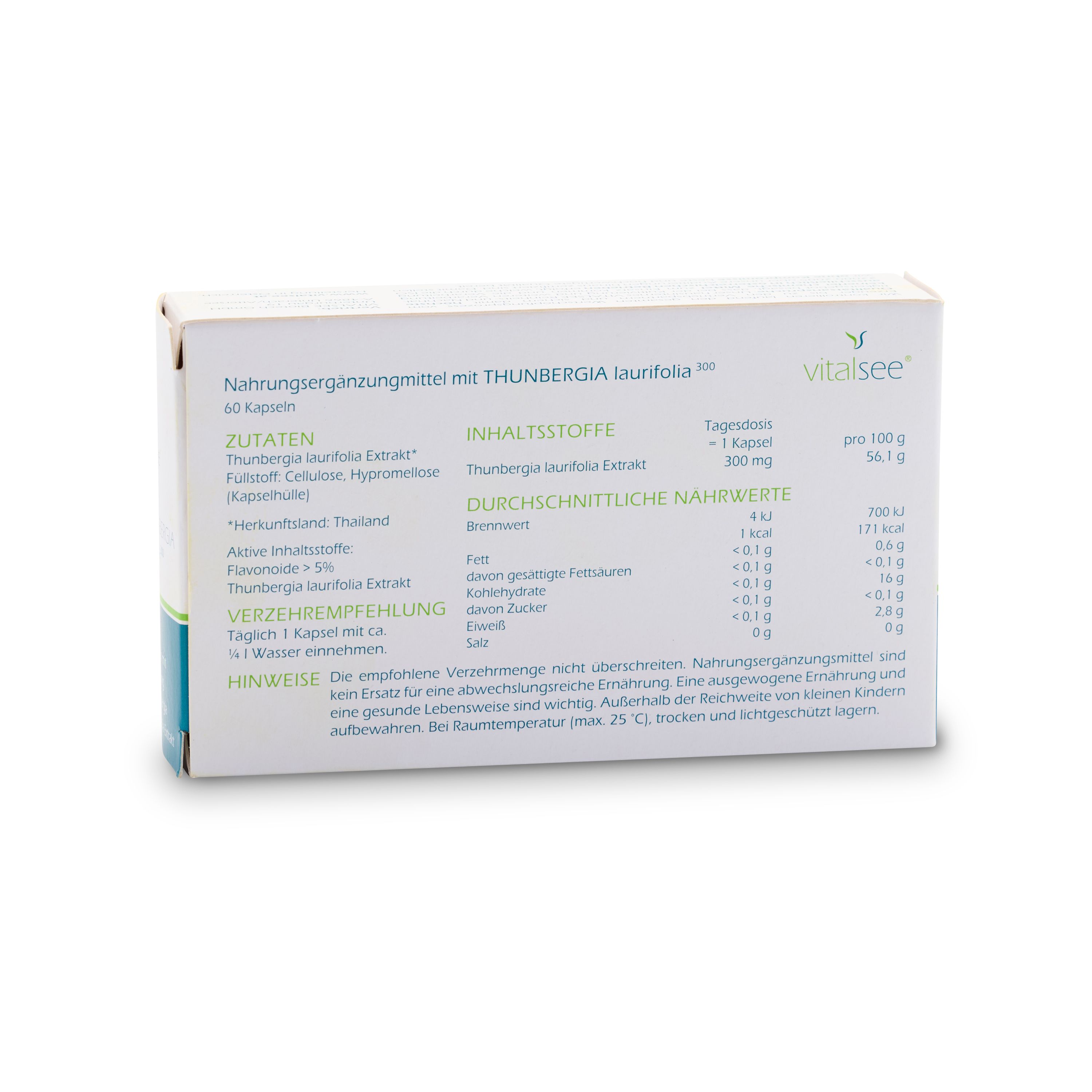 Rückseite der Vitalsee THUNBERGIA laurifolia 300 Extrakt Verpackung. Nährwertangaben, Inhaltsstoffe und Verzehrempfehlung.