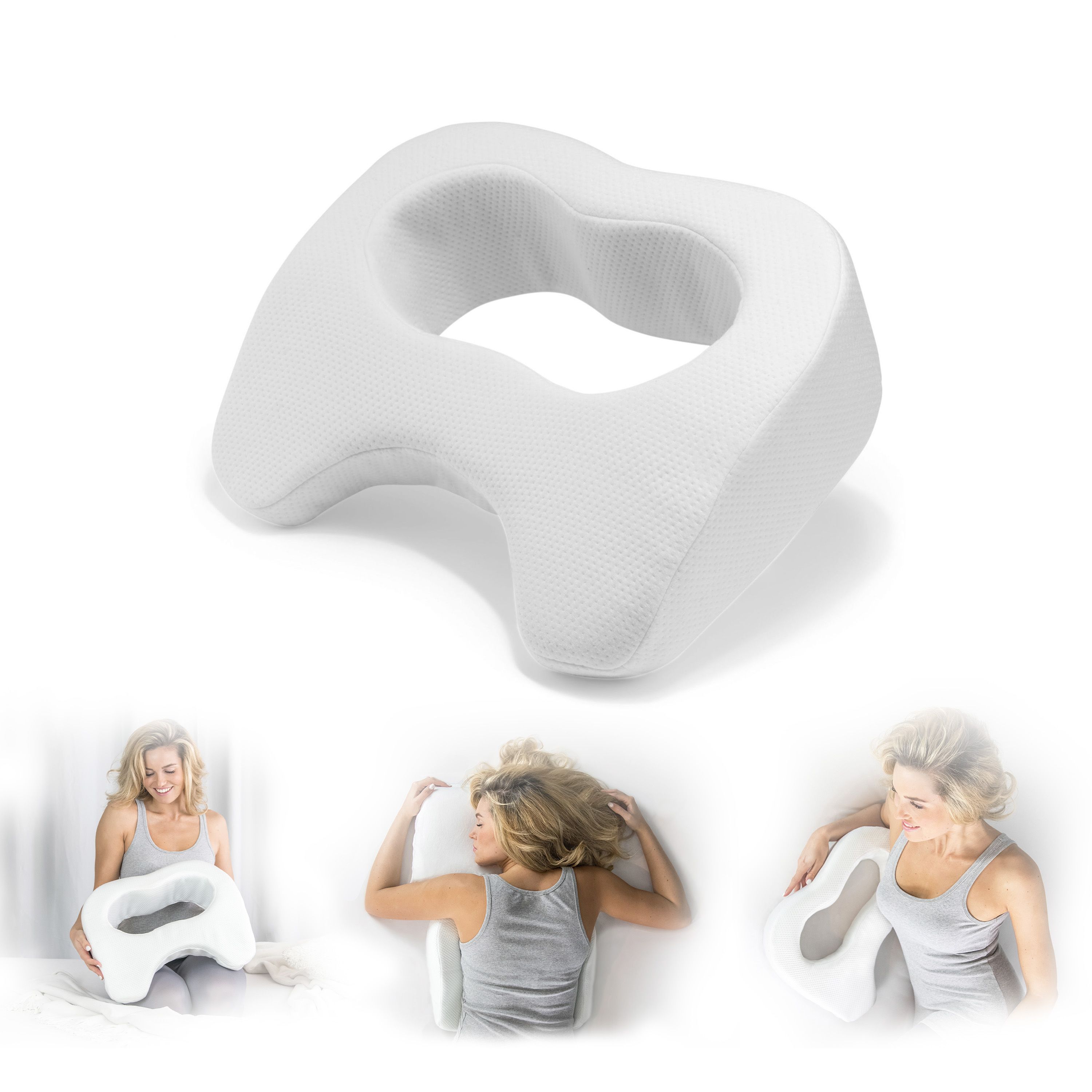 Weißes Brustkissen, Ansichten: liegend, haltend. Drei Frauen zeigen das Produkt.