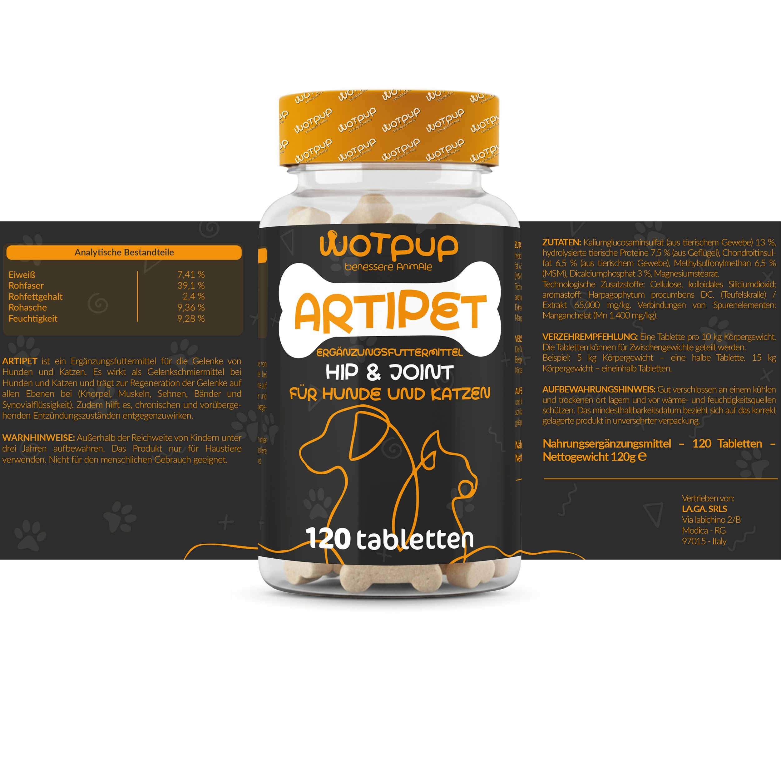 Produktflasche mit Etikett. Text: Artipet, Hip & Joint für Hunde und Katzen. 120 Tabletten. Inhaltsstoffe.