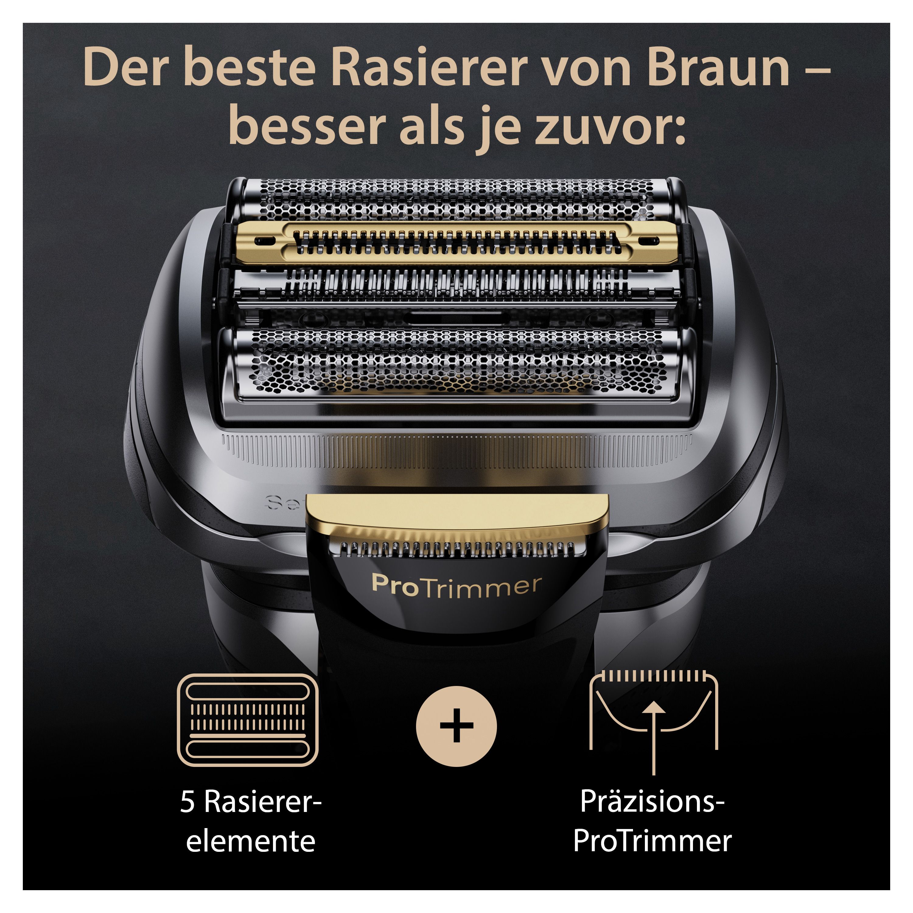 Nahaufnahme des Rasiererkopfes mit 5 Scherelementen und ProTrimmer. Marke: Braun.