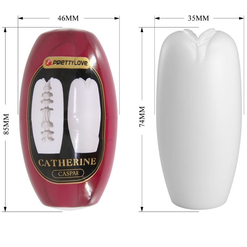 Zwei Teile des Produkts mit Maßen: 85x46mm und 74x35mm. Rotes Gehäuse mit Logo und Produktnamen, weißes Außenstück.