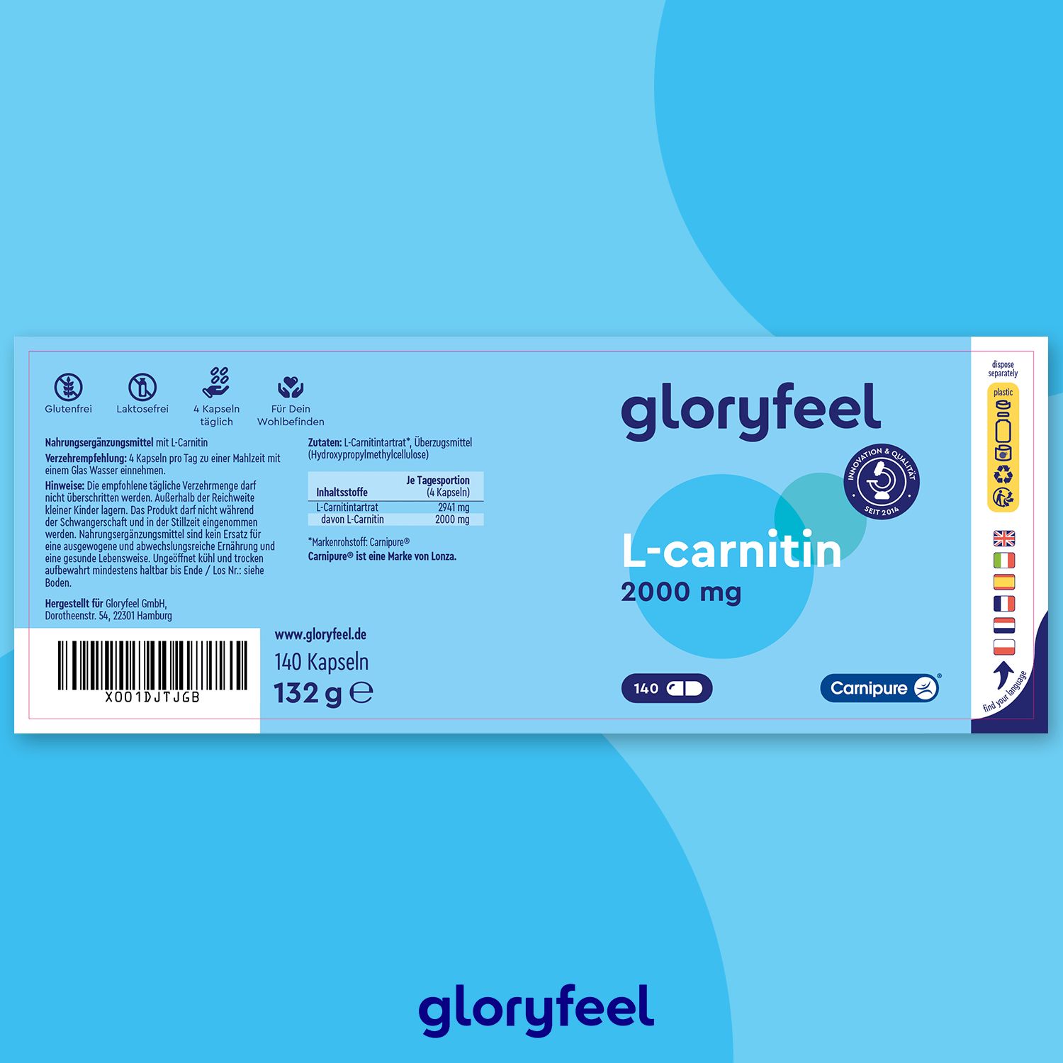 Blaue Verpackung mit Aufschrift: gloryfeel L-carnitin 2000 mg, 140 Kapseln. Mit Carnipure-Logo und Inhaltsangaben.