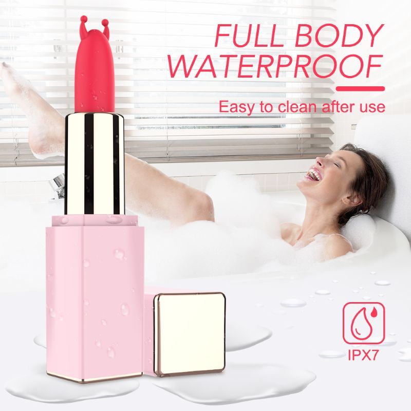 Rosa Produkt in Badewanne. IPX7-Zertifizierung. Produkt mit rotem Aufsatz.