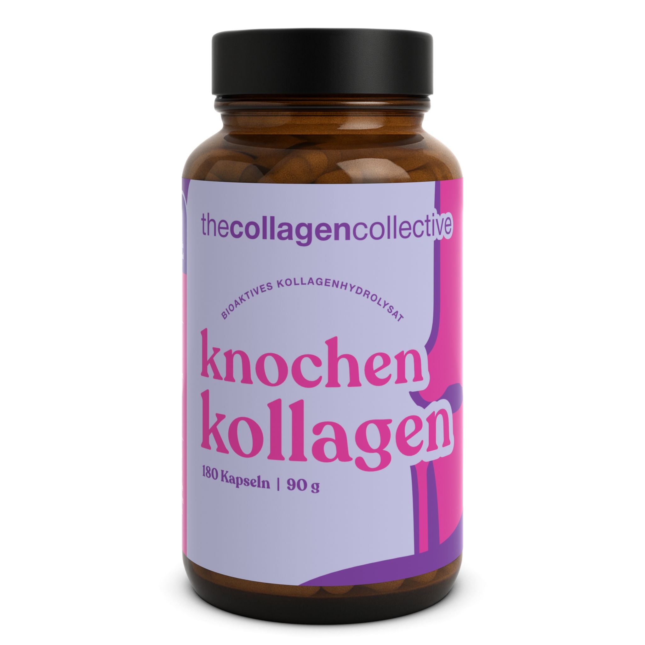 Braune Glasflasche mit schwarzen Deckel. Etikett mit Produktnamen, Inhaltsangabe und Logo. 180 Kapseln, 90g.