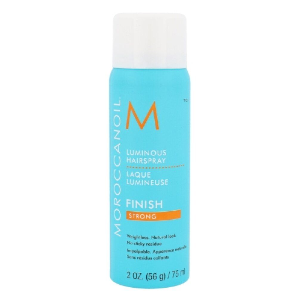 Türkisblaue Haarspray-Flasche mit weißem Deckel. Aufschrift: Moroccanoil, Luminous Hairspray, Finish Strong. 2 oz (56 g) / 75 ml.