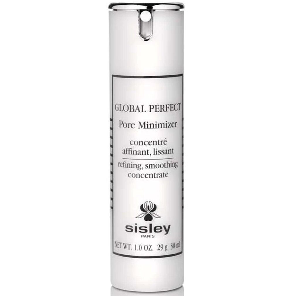 Weiße Flasche mit silbernem Deckel. Aufschrift: GLOBAL PERFECT Pore Minimizer, Sisley Paris. 1.0 OZ. 29 g 30 ml.
