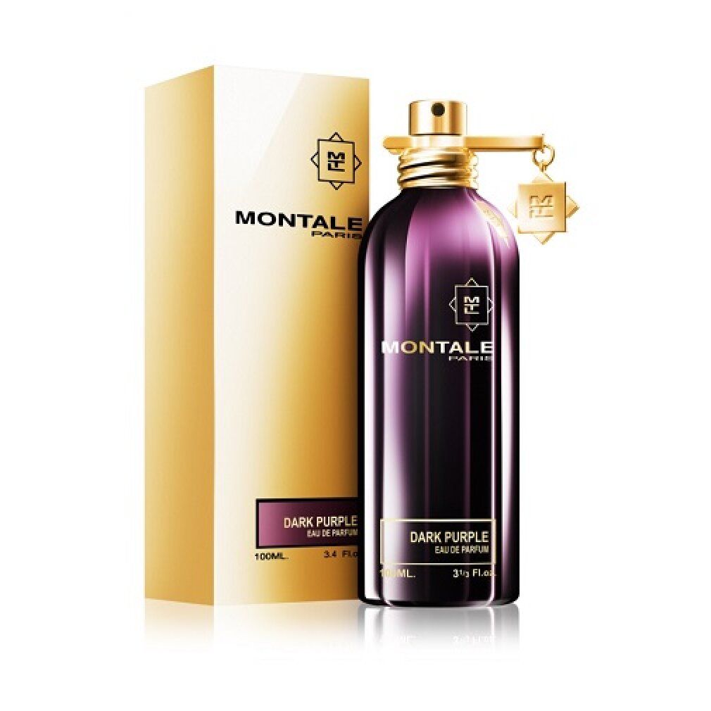 Dunkelviolette Flasche und Verpackung. Aufschrift: MONTALE PARIS, DARK PURPLE. Goldener Verschluss und Anhänger. 3 Fl.oz.