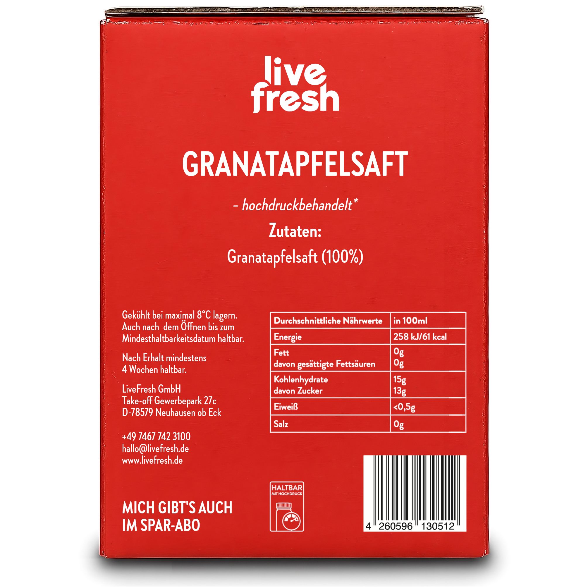Rückseite der Saftbox. Aufschrift: Granatapfelsaft, Zutaten, Nährwerte. Kühl lagern. Mindestens haltbar. Informationen.