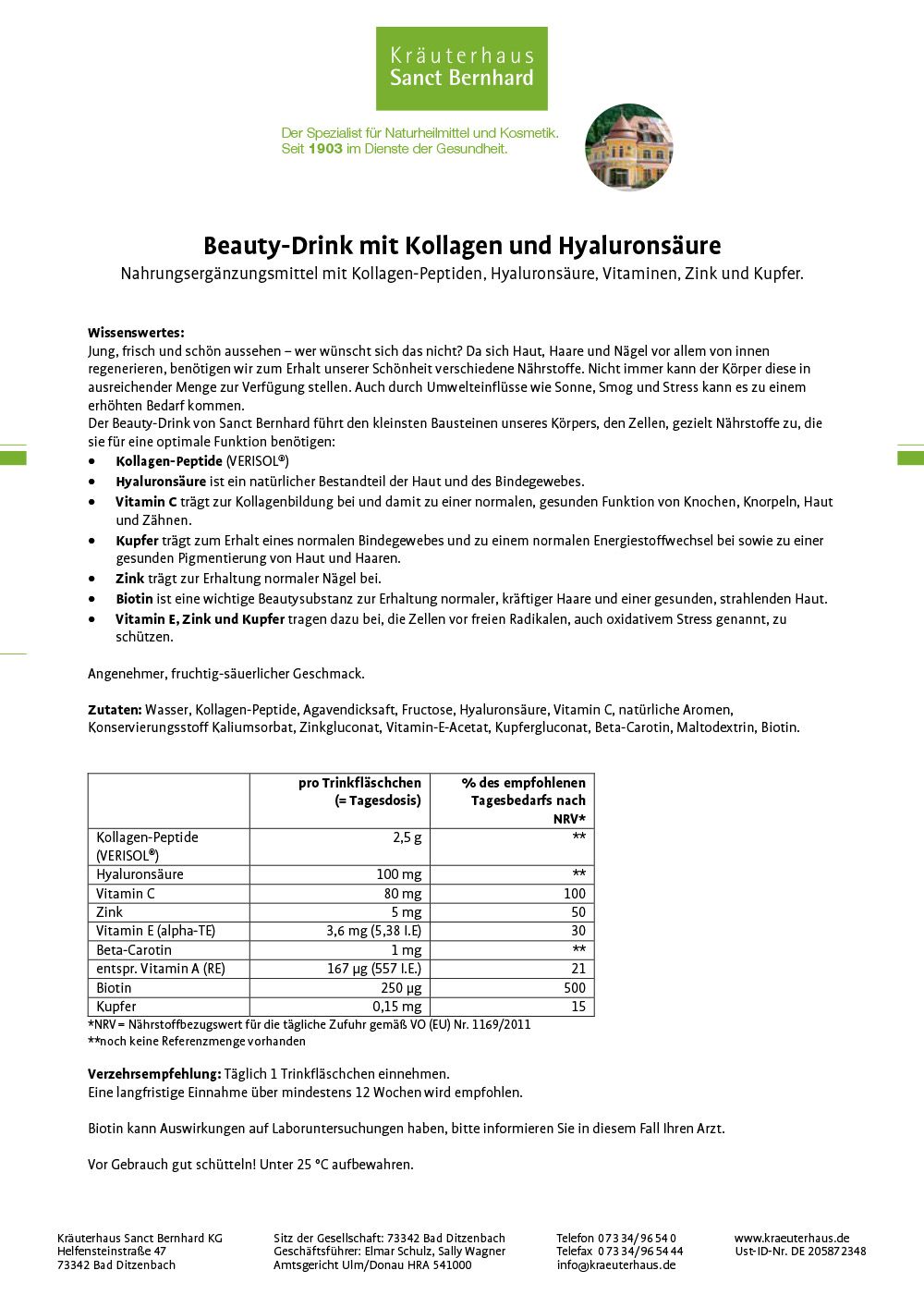 Produktinformationen: Beauty-Drink mit Kollagen und Hyaluronsäure. Inhaltsstoffe, Verzehrempfehlung, Nährwertangaben, Zutaten.