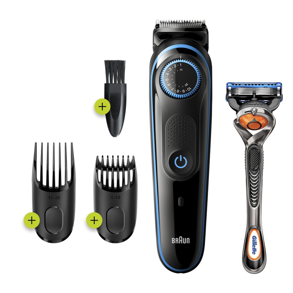 Schwarzer und blauer Barttrimmer mit Zubehör: Aufsätze, Bürste und Rasierer. Marke: Braun.