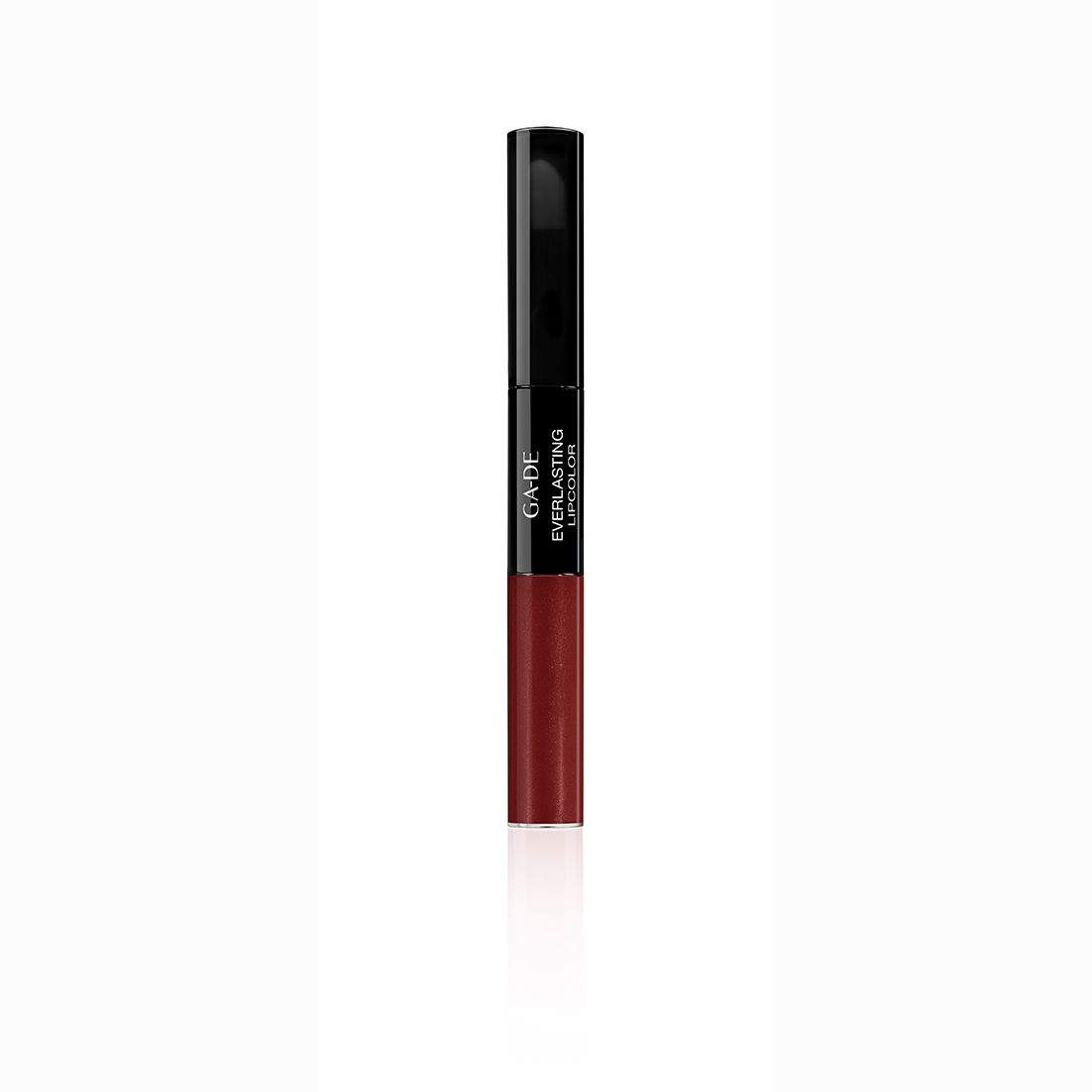 Doppel-Lippenstift. Schwarzer Deckel, dunkelroter Behälter. Schriftzug: GA-DE, Everlasting Lipcolor.