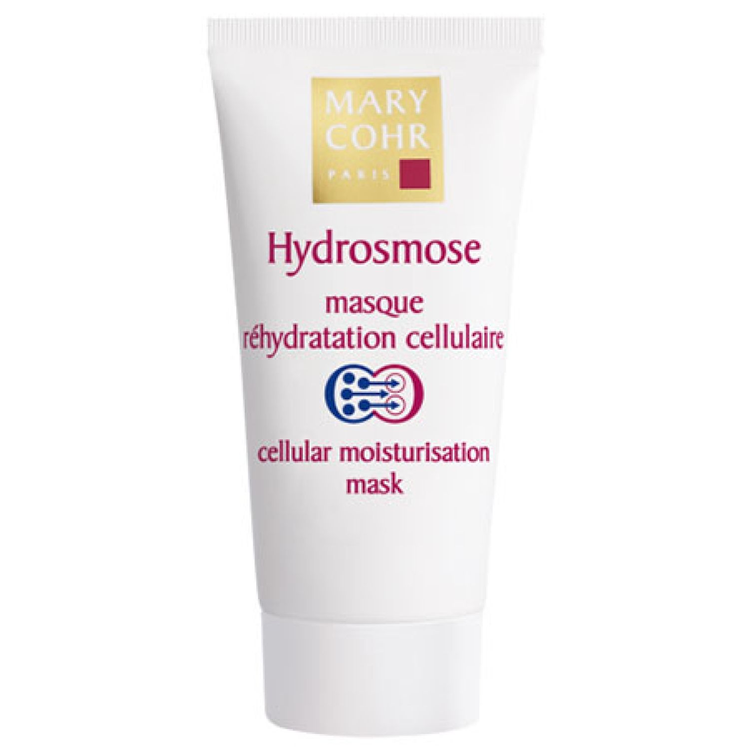 Weiße Tube mit Aufschrift "MARY COHR PARIS". Produktname "Hydrosmose masque". Text in Französisch und Englisch.