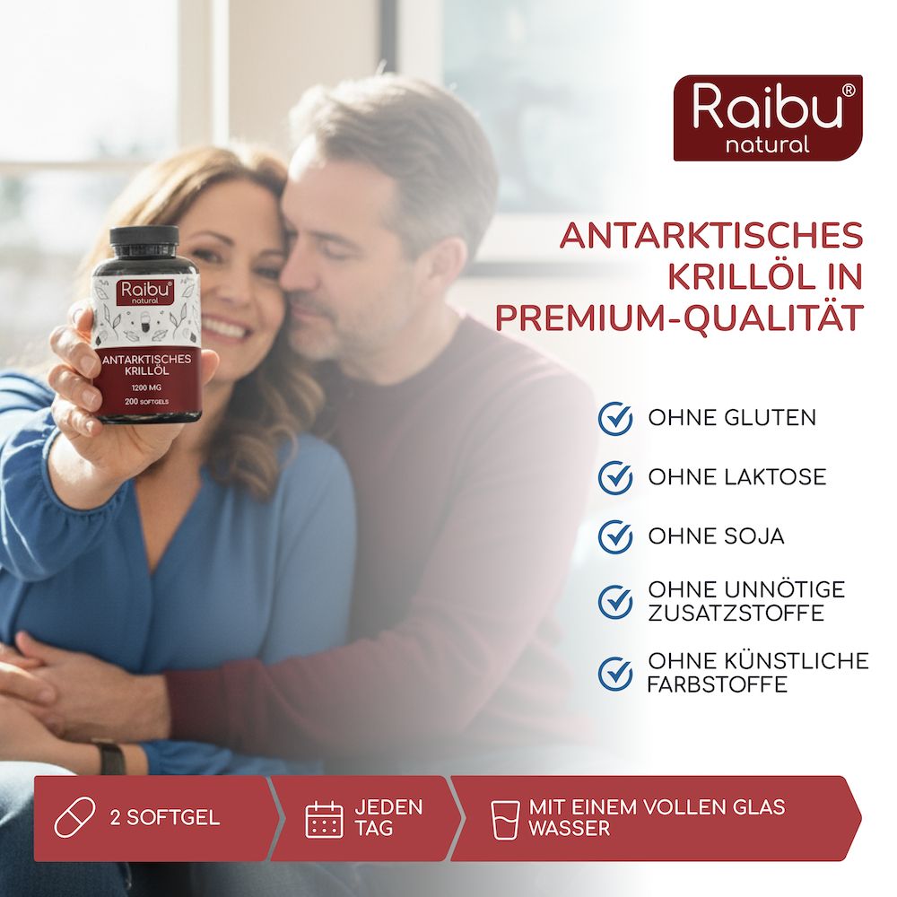 Paar hält Flasche mit Kapseln. Text: Ohne Gluten, Laktose, Soja, unnötige Zusatzstoffe, künstliche Farbstoffe.