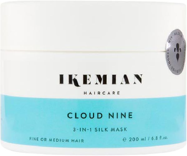 Weißer Tiegel mit blauem Band. Aufschrift: Ikemian Haircare, Cloud Nine 3-in-1 Silk Mask. Für feines oder mittleres Haar. 200 ml.
