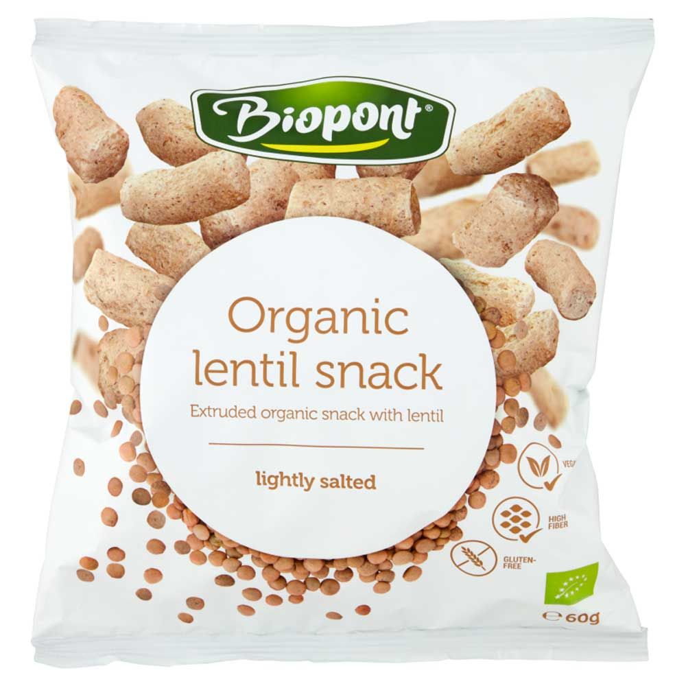 Verpackung mit Biopont Linsen Flips. Aufschrift: Organic lentil snack, leicht gesalzen. Enthält Linsen und Siegel für Bio, vegan, glutenfrei.