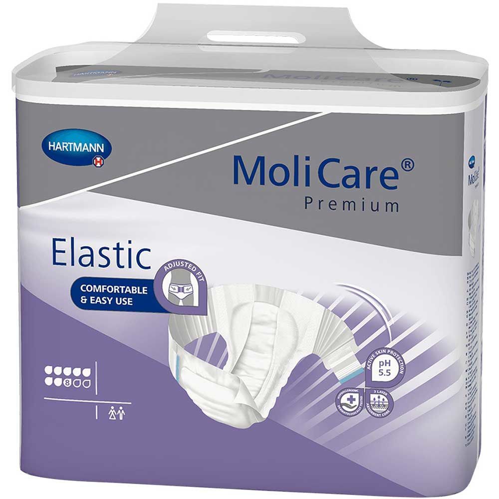 Hartmann MoliCare® Premium Elastic. Verpackung mit Inkontinenzprodukten. Weißes Produkt sichtbar. Aufdrucke: Elastic, pH 5.5, Hartmann Logo.