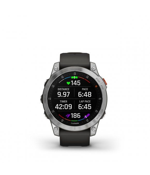 Smartwatch mit rundem Display. Schwarzes Armband, silberfarbenes Gehäuse. Zeigt Herzfrequenz, Distanz, Tempo, Timer und Rundenzeit an.